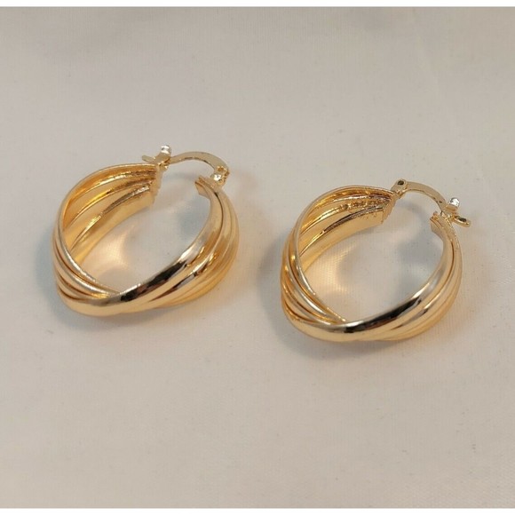 Gold Tone 1/5" wide High Polished Round Hoop Earrings twisted 1.25" long - Picture 7 of 9
